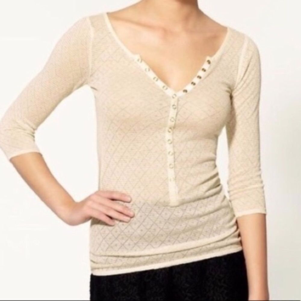 Intimately Free People Ivory Lurex Striped Henley Top Sz S‎